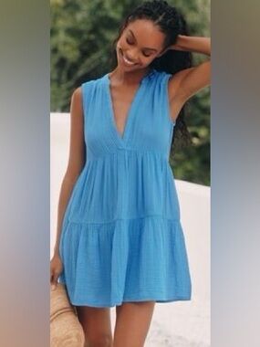 Blue V-Neck Tiered Mini Dress - Women's Summer Shift